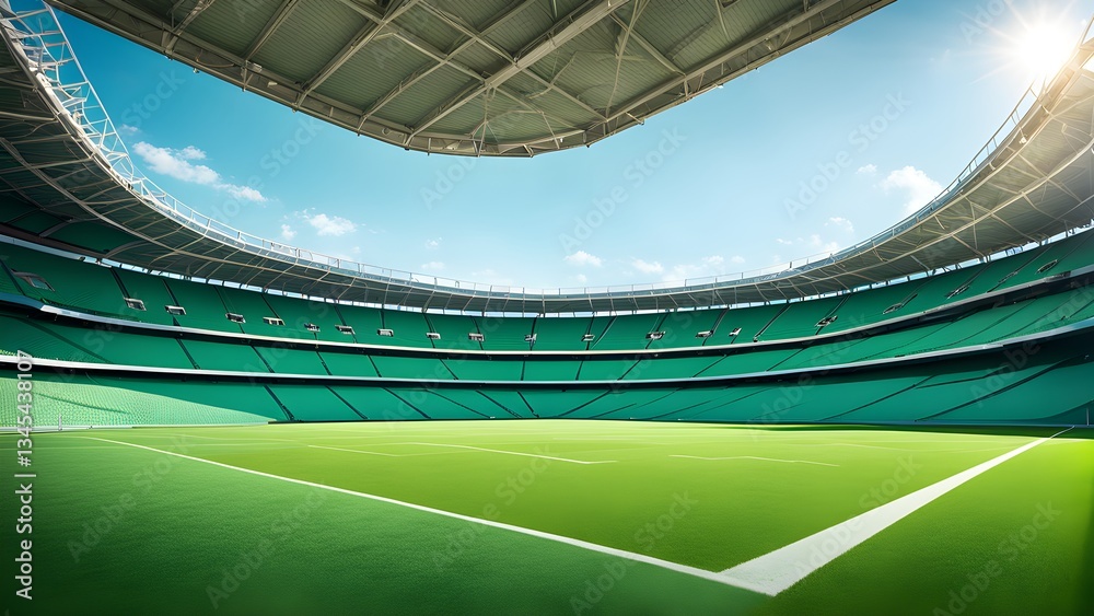 Obraz premium A breathtaking view an empty green stadium under a bright sunny sky, showcasing vibrant field modern architecture.