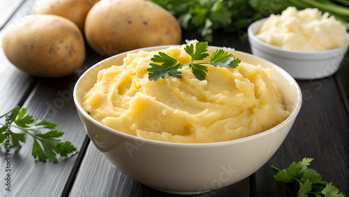 A Simple and Appetizing Presentation of Smooth, Pale Yellow-Orange Potatoes in a White Bowl, Garnished with Fresh Parsley, Set Against a Dark Wooden Table.