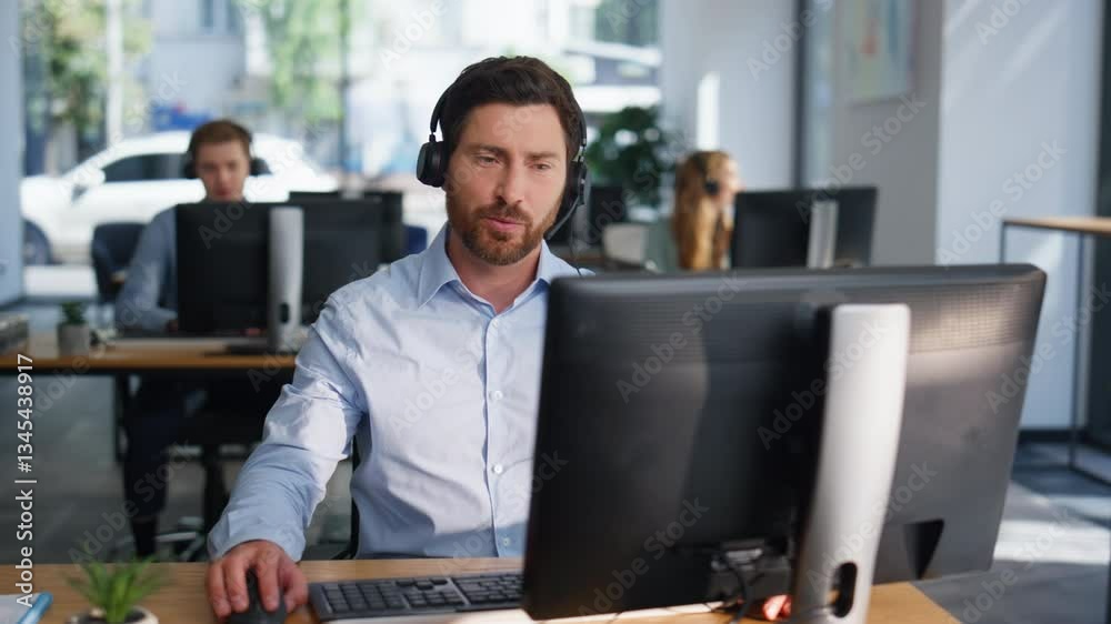 Customer service consultant helping client in headset in coworking space closeup