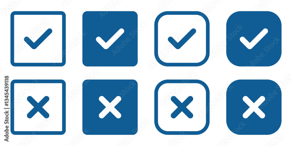Set of blue check box with yes and no sign. Modern label icons check mark and cross on white background. Set of blue check box with yes and no sign. Modern label icons check mark and cross on white background.