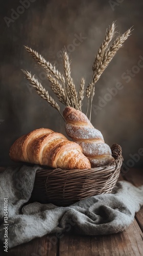 Fresh Croissants and Wheat in Basket