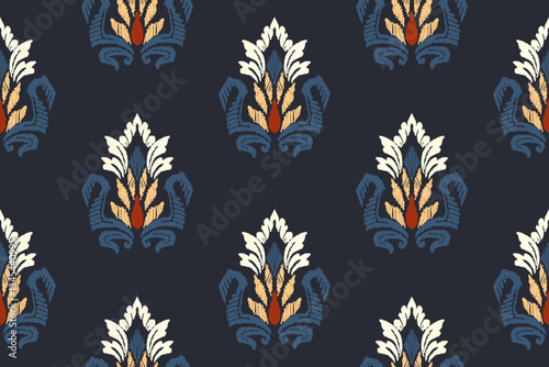 Embroidered Ikat flower pattern on a black background. Traditional ethnic ikat, Aztec abstract vector pattern, seamless pattern in tribal, folk embroidery and Mexican style.
