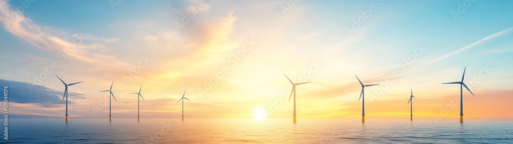 Obraz premium Sunrise over Wind Turbines in Ocean with Colorful Sky Reflection