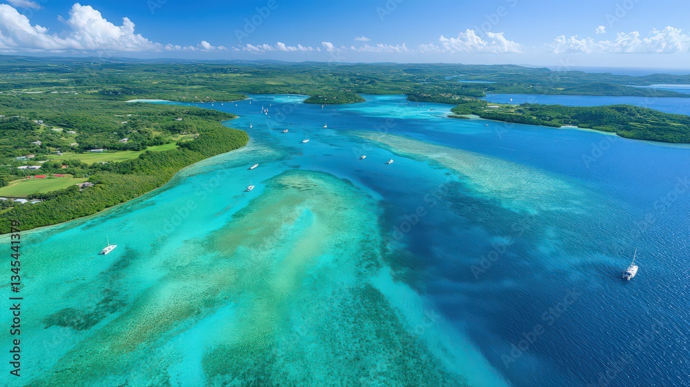 Obraz premium Aerial View of Tropical Island with Turquoise Water and Lush Greenery