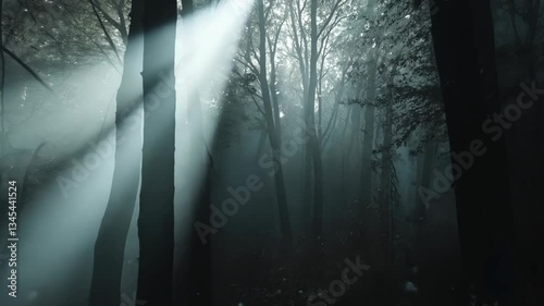 Mysterious rays of sunlight pierce through a dense fog in an enchanting forest