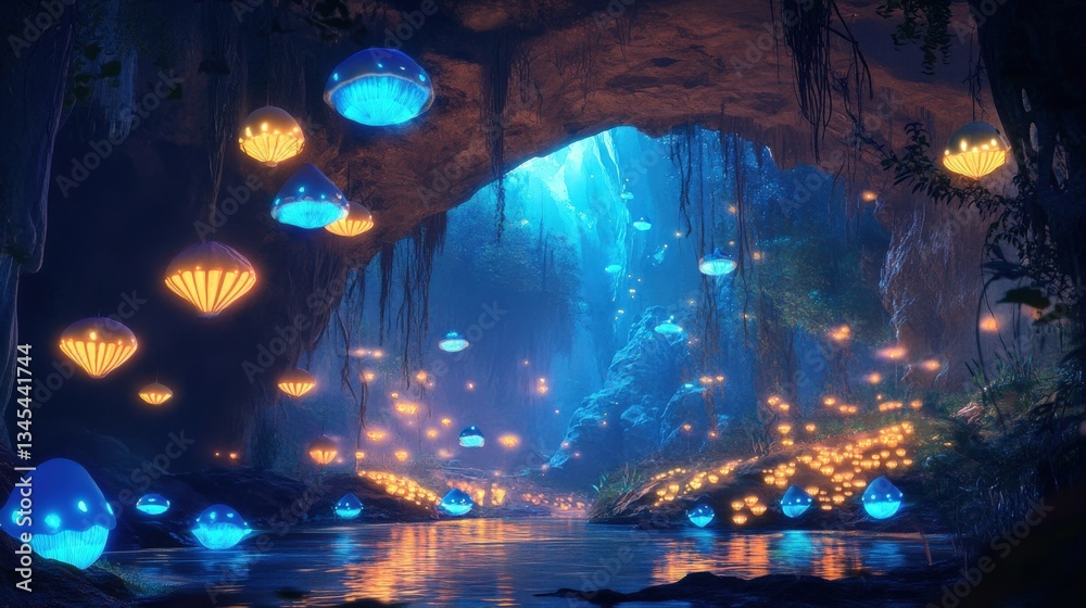 Obraz premium A glowing cave with reflecting water and otherworldly luminescence throughout