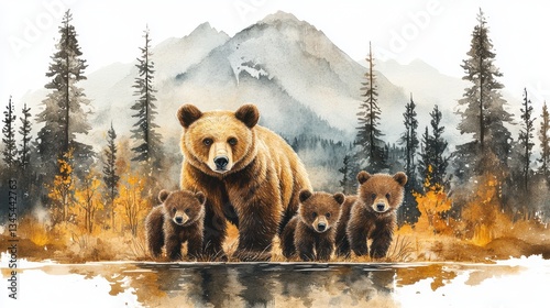 bear and cubs clipart isolated watercolor element illustration detailed illustration