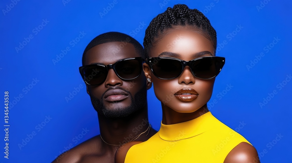 Stylish couple in trendy sunglasses against a vibrant blue backdrop. Fashionable eyewear for a modern aesthetic