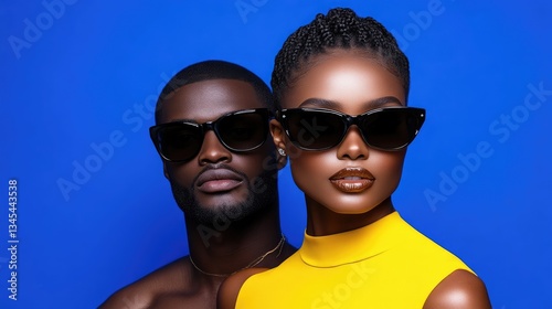 Obraz na płótnie Stylish couple in trendy sunglasses against a vibrant blue backdrop. Fashionable eyewear for a modern aesthetic w salonie