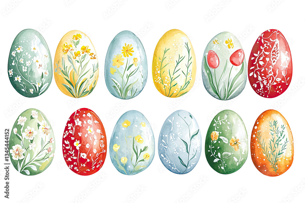 A collection of hand-painted decorative eggs featuring floral designs in various colors and styles. A collection of hand-painted decorative eggs featuring floral designs in various colors and styles.
