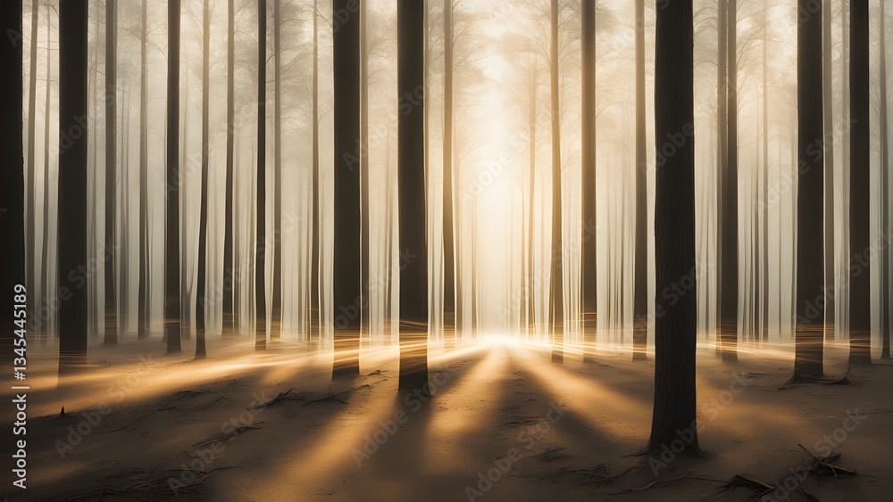 Naklejka premium Sunrise beams through a dense, misty forest, illuminating path between tall trees.