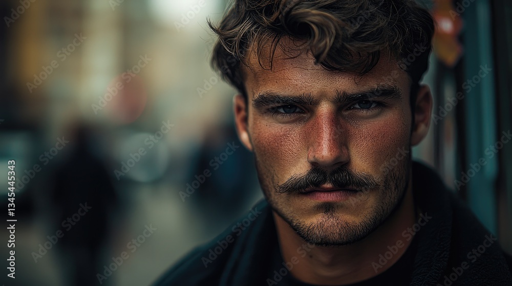 Close-up portrait of a young man with a mustache, intense gaze, and slightly windblown hair, outdoors in a city setting. Close-up portrait of a young man with a mustache, intense gaze, and slightly windblown hair, outdoors in a city setting.