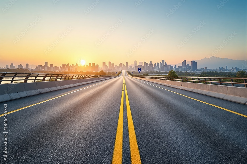 Fototapeta premium Open highway leading towards a modern city skyline at sunrise.