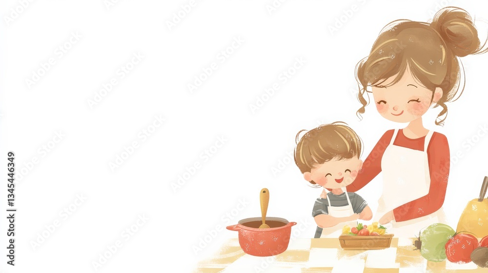 Mother Teaching Child to Cook in Bright Kitchen Mother Teaching Child to Cook in Bright Kitchen