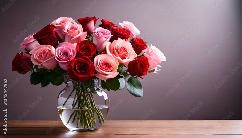 Fototapeta premium romantic pink and red rose bouquet in glass vase