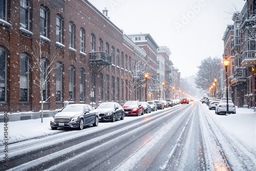 Snow-covered city street with parked cars and historic brick buildings.
