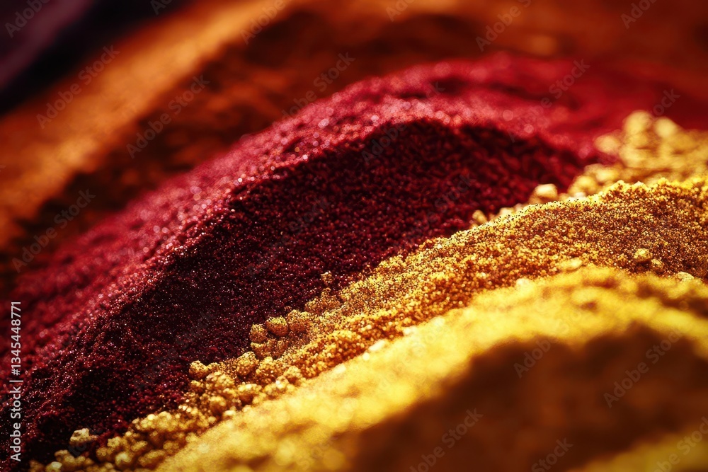 artistic composition of vibrant spice blend with deep reds and golden yellows creating abstract patterns on dark background with dramatic lighting