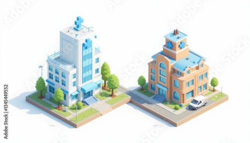 Two stylized isometric hospital buildings with medical crosses stand side by side