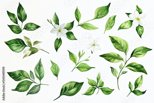 Set of watercolor Jasmine Leaves hand drawn on a white background