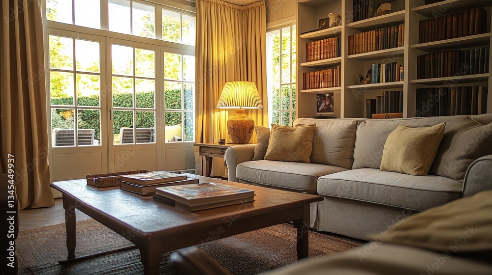 A warm living room with a sofa and coffee table, radiating comfort and relaxation. A warm living room with a sofa and coffee table, radiating comfort and relaxation.