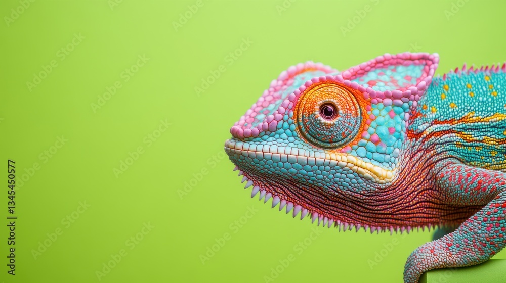 Obraz premium Being highly adaptable in an ever-changing environment. A color-changing chameleon resting on a smooth minimalist green background.