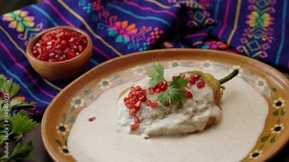 Beautiful Chile en nogada on a clay plate, traditional Mexican cuisine Beautiful Chile en nogada on a clay plate, traditional Mexican cuisine