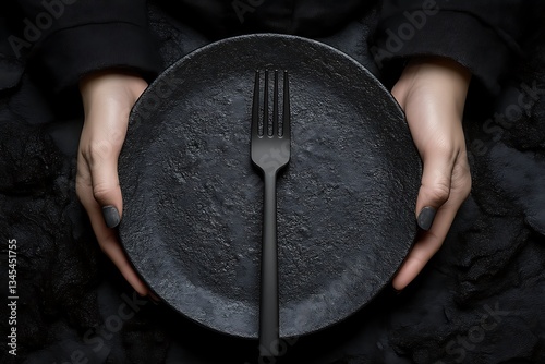 Dark Plate for Fork, Hands, Minimalist Food.