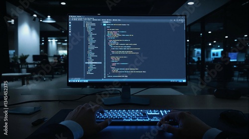 A Developer coding on a monitor, with screen displaying complex software. Represents technology, programming, and innovation. Perfect for web development, cybersecurity, and IT concepts.