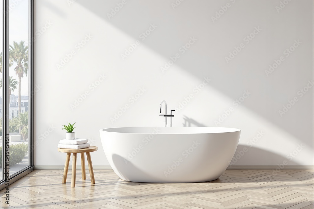 Fototapeta premium Modern minimalist bathroom with freestanding white bathtub.