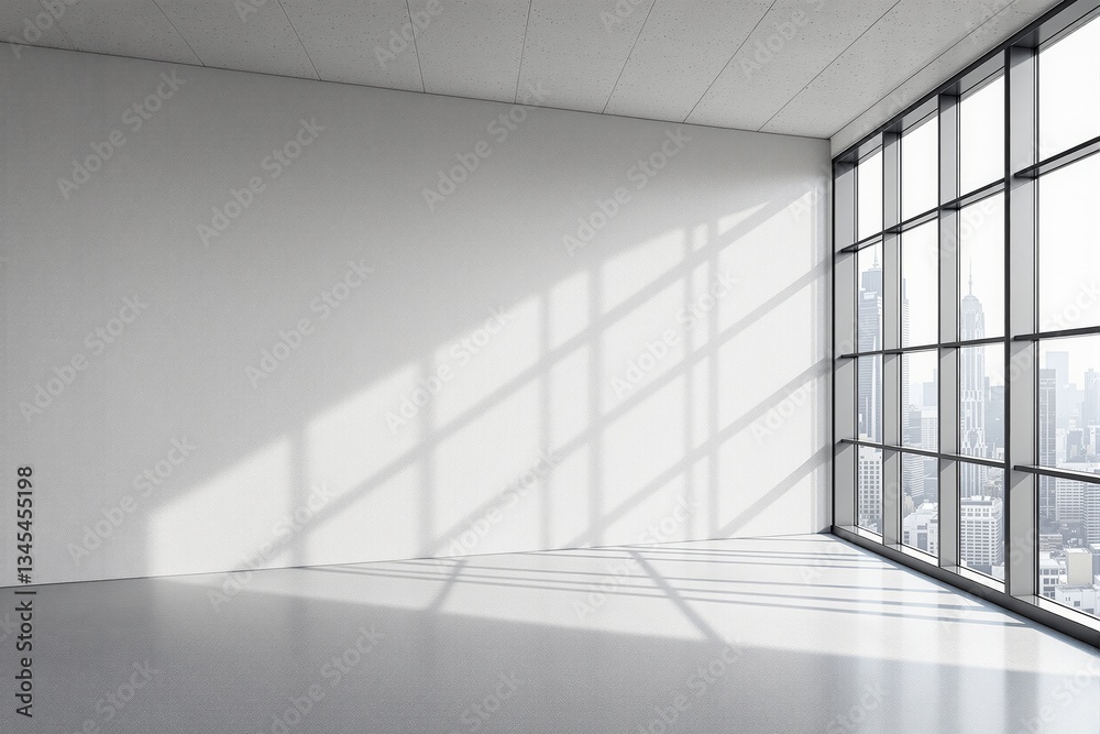 Fototapeta premium Modern empty interior with large windows and city skyline view.