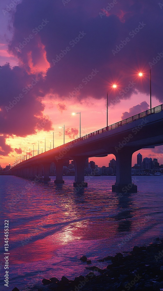 Vibrant sunset over a long bridge reflecting in calm water Vibrant sunset over a long bridge reflecting in calm water