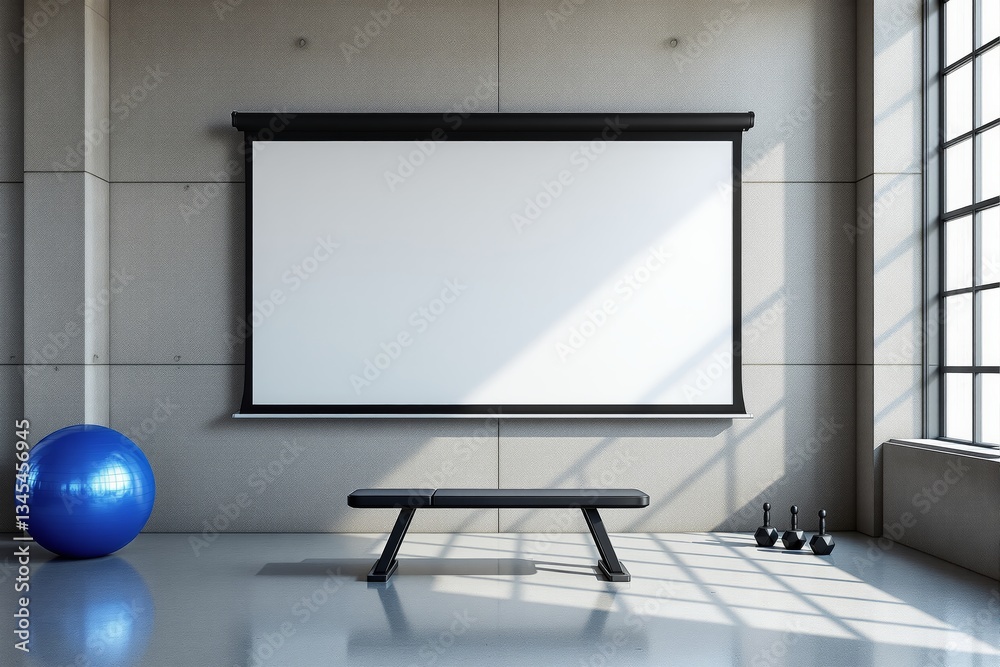 Fototapeta premium Modern interior gym with blank projector screen and workout equipment.