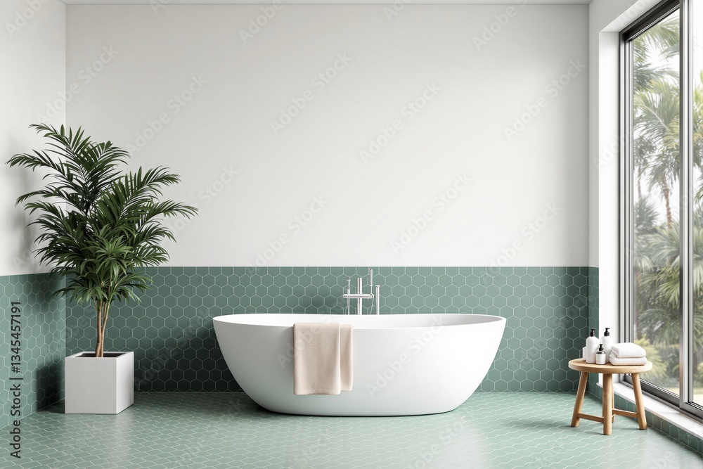 Fototapeta premium Modern bathroom interior with freestanding bathtub and green hexagonal tiles.