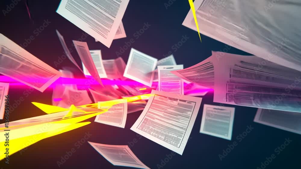 pile of documents with highlighted text, dynamic and colorful data preparation