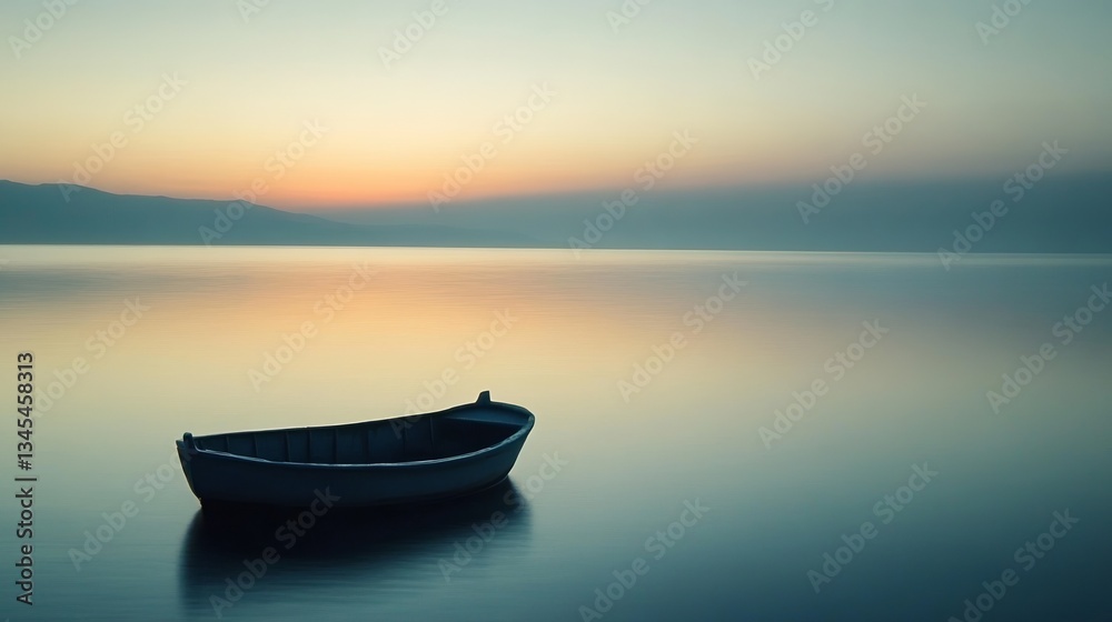 Naklejka premium Tranquil sunrise over a calm lake, evoking peace and serenity.