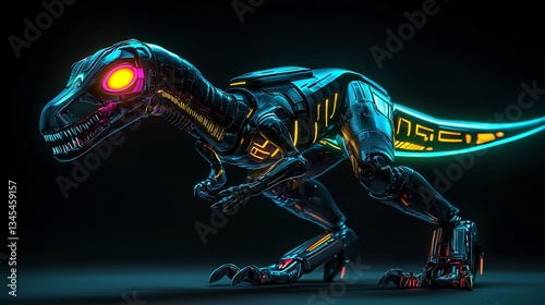 Robotic Velociraptor with glowing neon eyes cyberpunk AI controlled