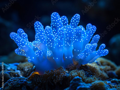 Bioluminescent coral glowing deep ocean surreal marine life vibrant blue luminescence delicate branching reef structure ethereal underwater environment light mysterious abyss aquatic organism