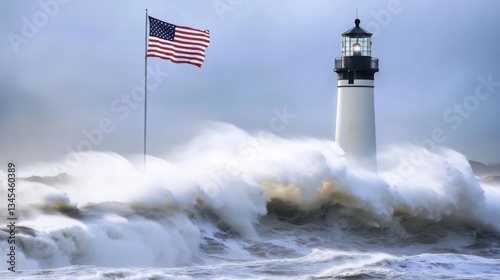 Flag by Lighthouse with Waves