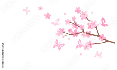 Cherry blossom Sakura flower branch, flying petals and butterfly isolated on white background vector. 
