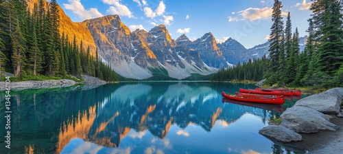 anoramic view of the Moraine Lake in the Canadian Rockies photo