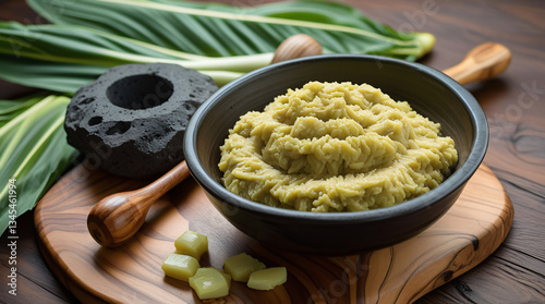 Hawaiian Poi Preparation on a Koa Wood Board – A bowl of freshly pounded poi (taro paste) with a wooden pounding tool, surrounded by taro leaves photo