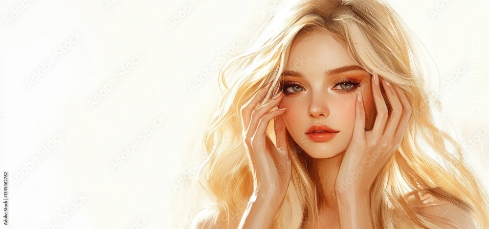 a beautiful woman with blonde hair touching her face, against a white background a beautiful woman with blonde hair touching her face, against a white background