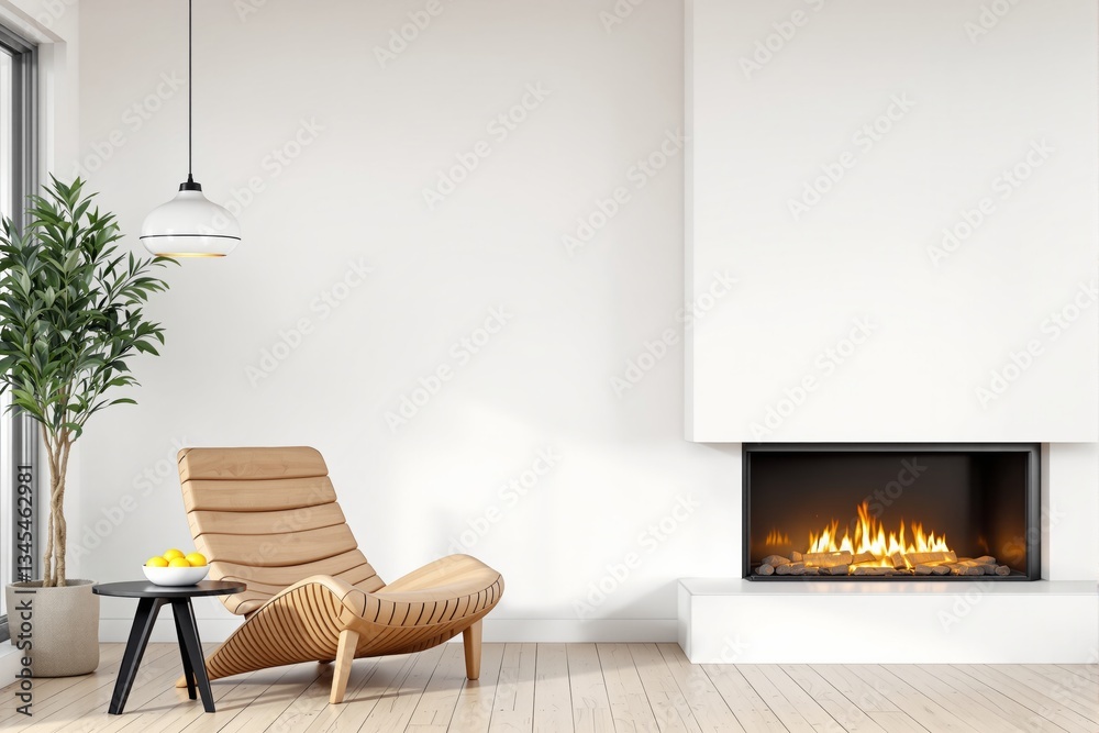 Naklejka premium Cozy modern interior with wooden lounge chair and fireplace.