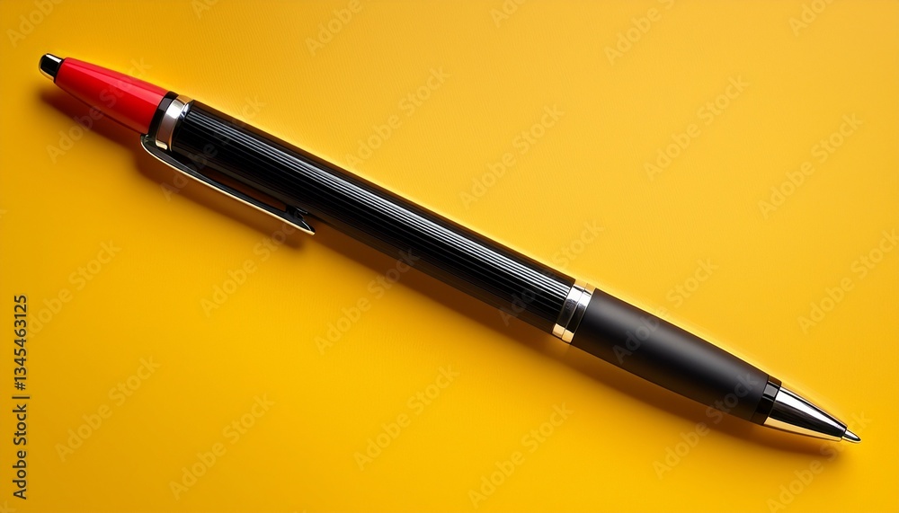 vibrant illustration of a black pen with a striking red grip on a bold yellow background highlighting stationery design vibrant illustration of a black pen with a striking red grip on a bold yellow background highlighting stationery design