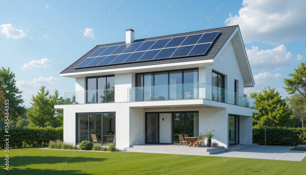 Eco-friendly modern residence with solar panels on the roof, transparent Eco-friendly modern residence with solar panels on the roof, transparent