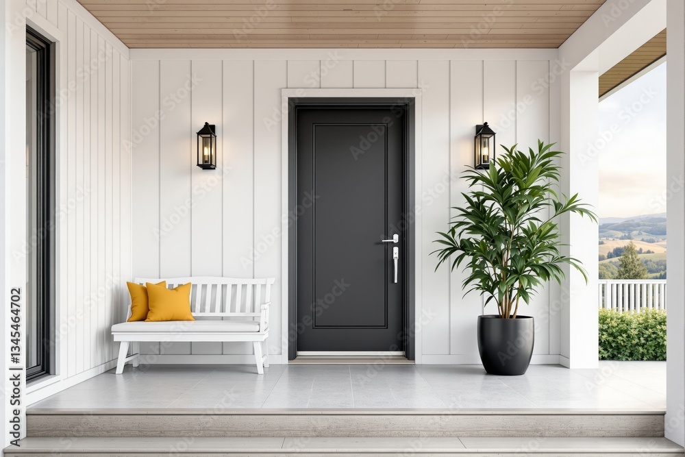 Fototapeta premium Modern farmhouse front porch with black door, white walls, wooden ceiling, and stylish decor.