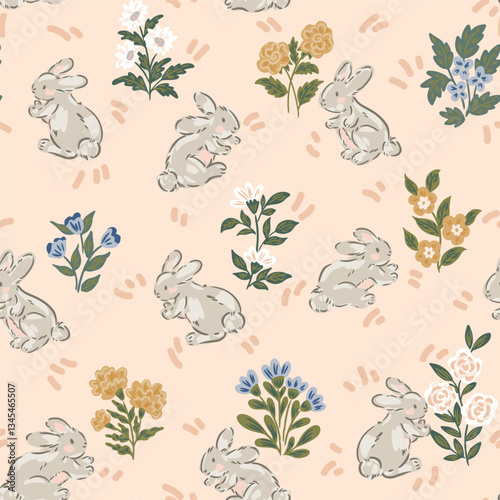 Hand painted floral garden with cute bunnies in spring in colors of gray, yellow, brown, blue, off white and green on cream background. Easter seamless vector pattern. Great for home decor, fabric,etc
