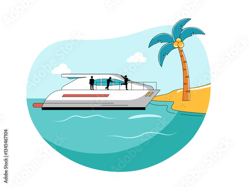 Vacation yacht on beach illustration. Yacht illustration. Flat vector illustration concept.