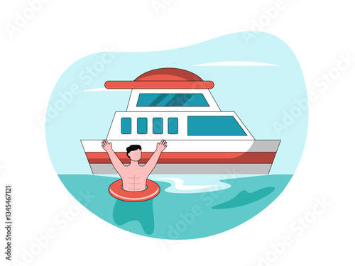 Man swimming in the sea illustration. Yacht illustration. Flat vector illustration concept.