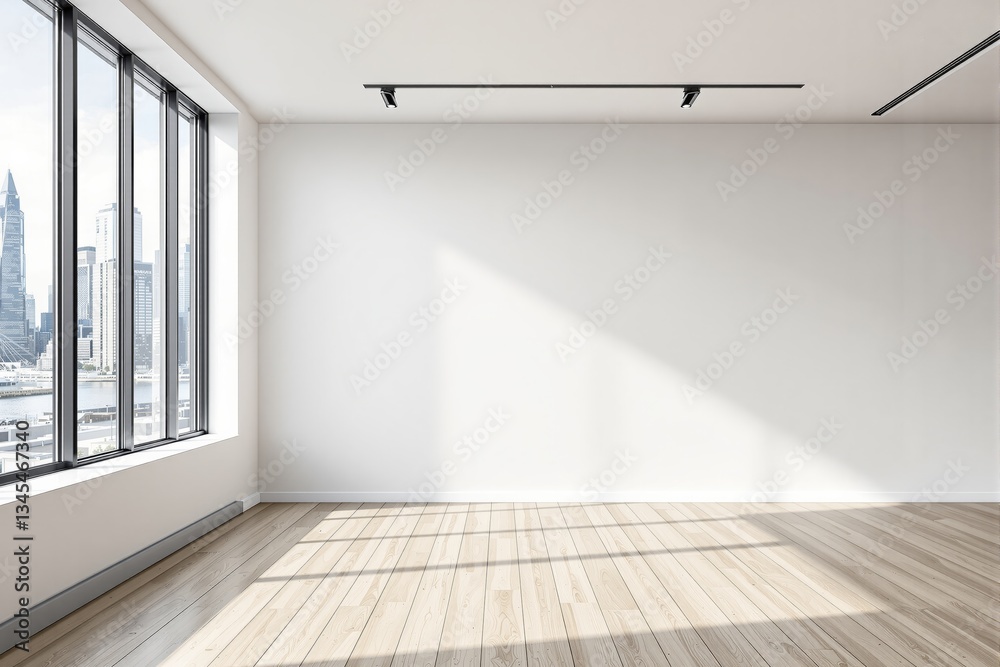 Fototapeta premium Modern interior with large windows and blank white wall.